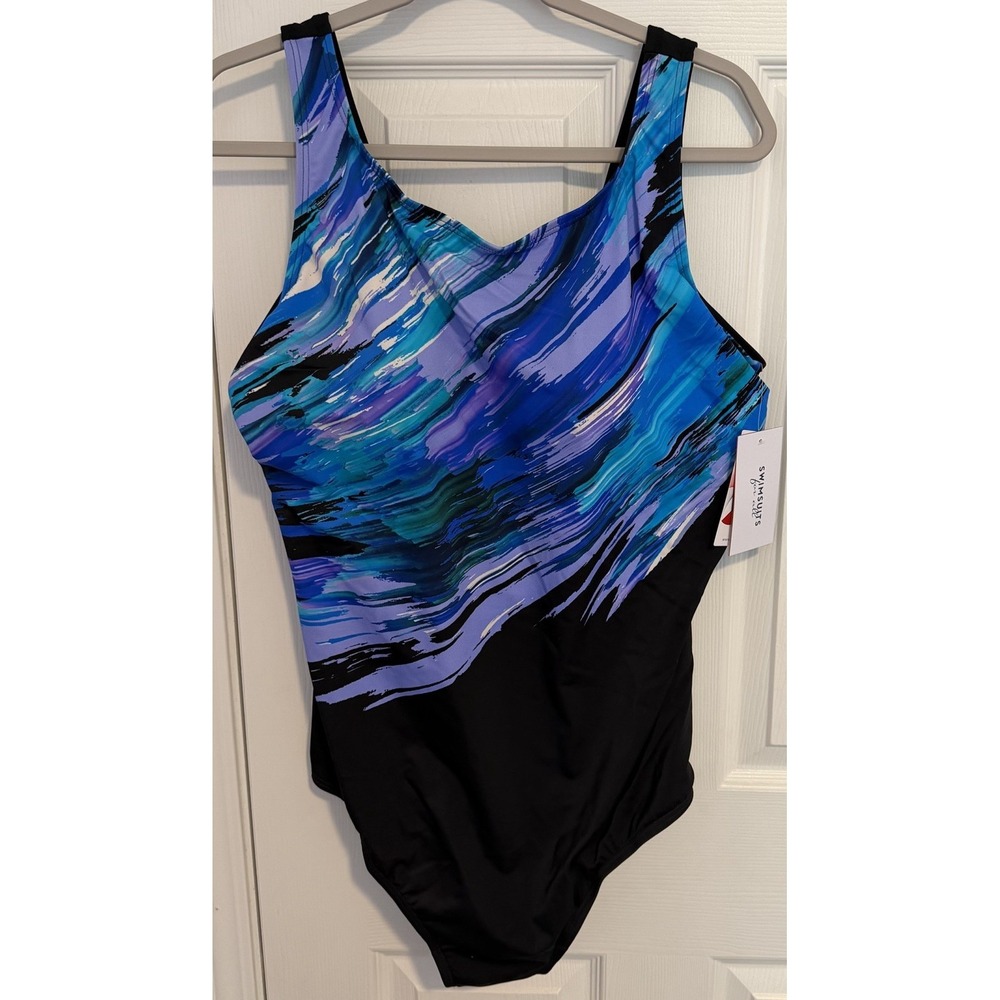NWT Swimsuits For All Sz 24 High Neck One Piece Purple Blue Rain Tummy Control